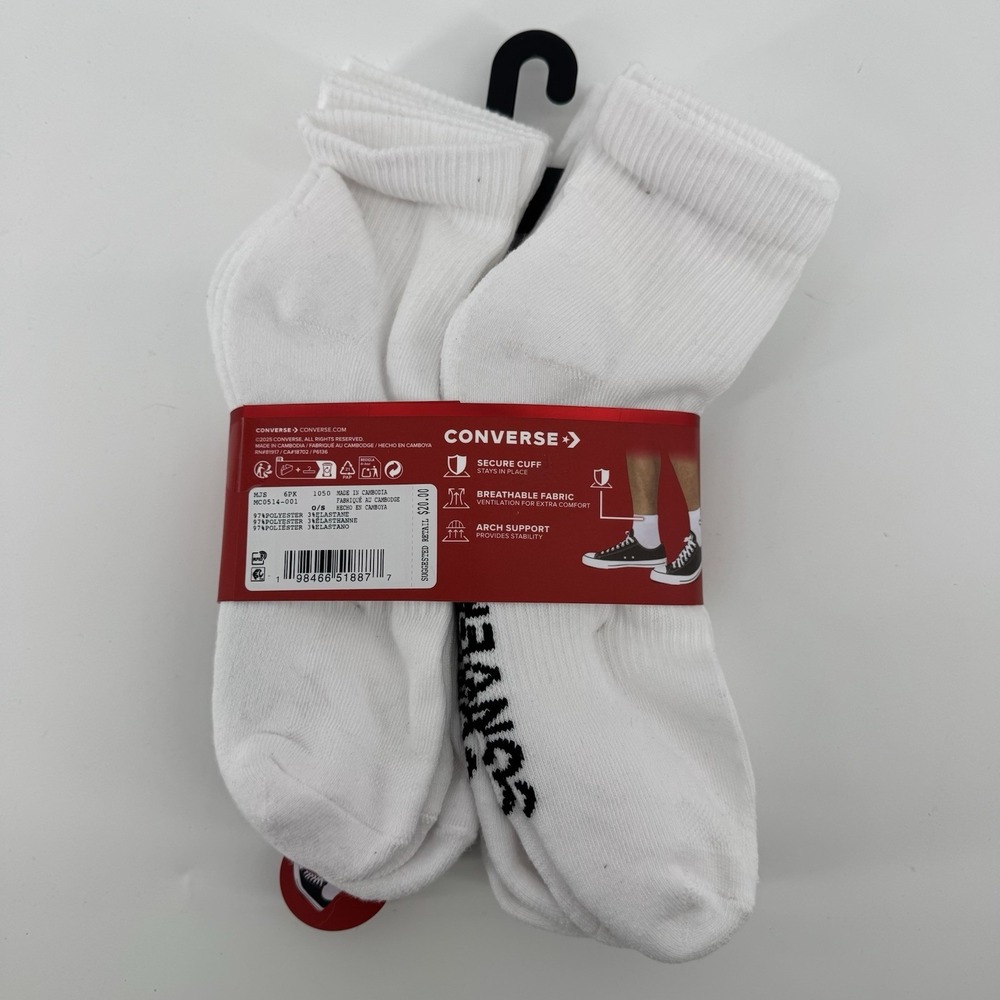 Converse Men's Cushioed Ankle Socks 6 Pairs Size 6-12 White - Picture 2 of 3